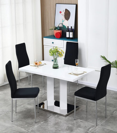 4 Seat White Gloss Dining Table Set + Velvet Chairs Black Modern Room