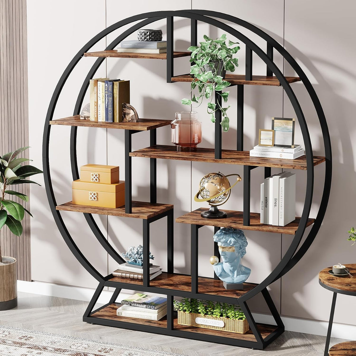 160cm Round Industrial Bookcase 5 Tier Metal Wood Display Shelf Organizer