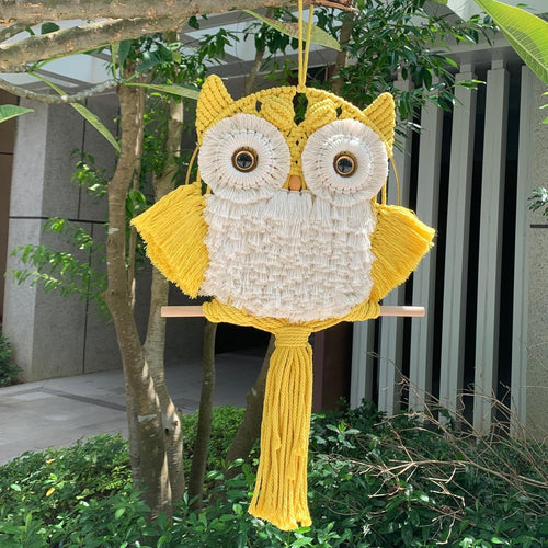 Yellow Macrame Owl Wall Hanging Boho Fiber Art Home Decor