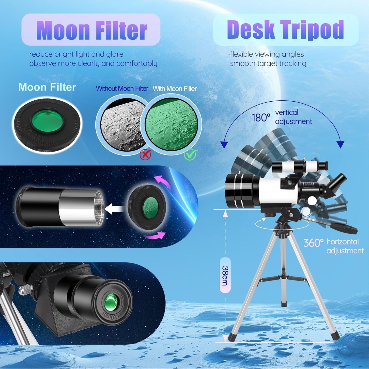 70mm Refractor Telescope 15X–150X for Kids & Adults - White