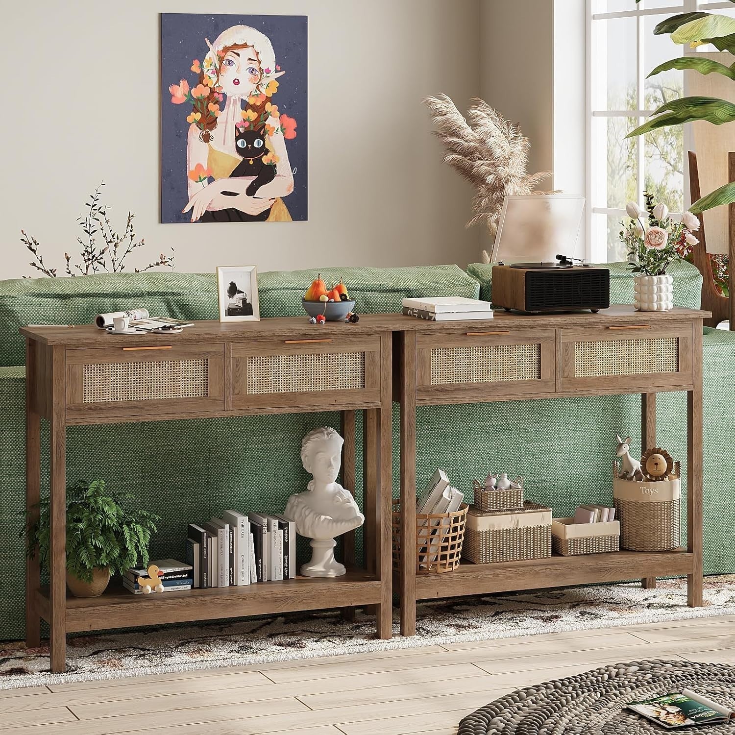 Rustic Boho Rattan Console Table with Drawers & Open Shelf, 29.5"x100"x81.5"