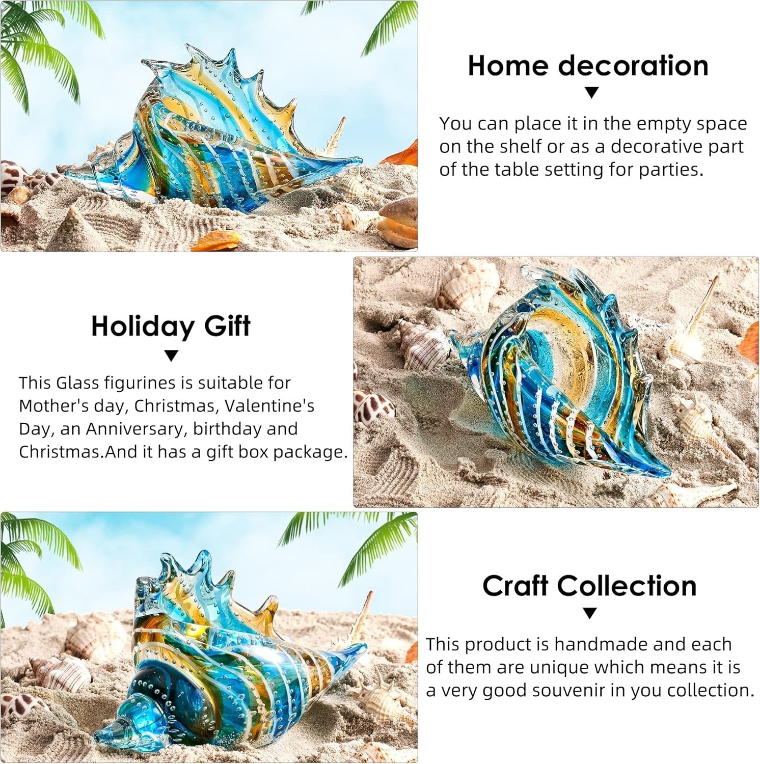 Hand Blown Glass Conch Figurine • Colourful Seashell Ornament