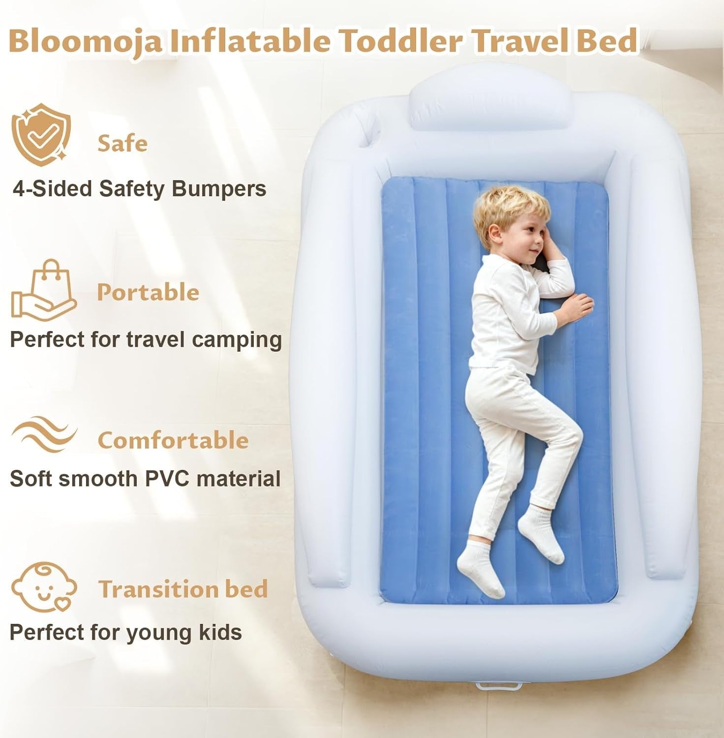 Inflatable Toddler Travel Bed with Safety Bumpers 63” Air Mattress