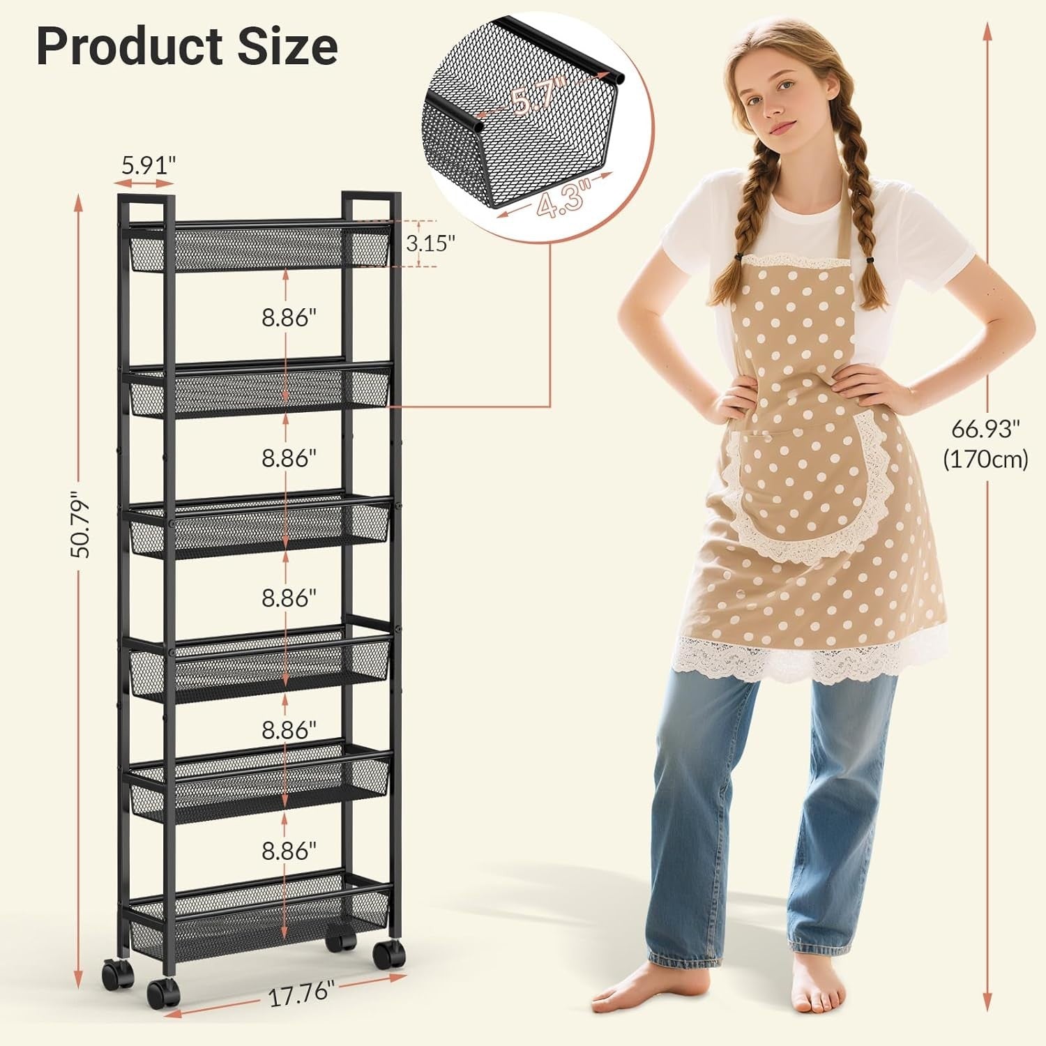6 Tier Slim Rolling Storage Cart Narrow Utility Shelf with Wheels Black