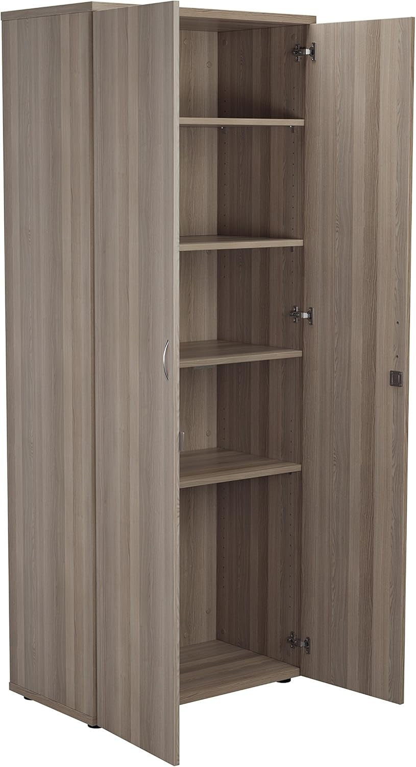 Tall Grey Oak Lockable Office Cupboard 4 Shelf Storage Cabinet 200cm