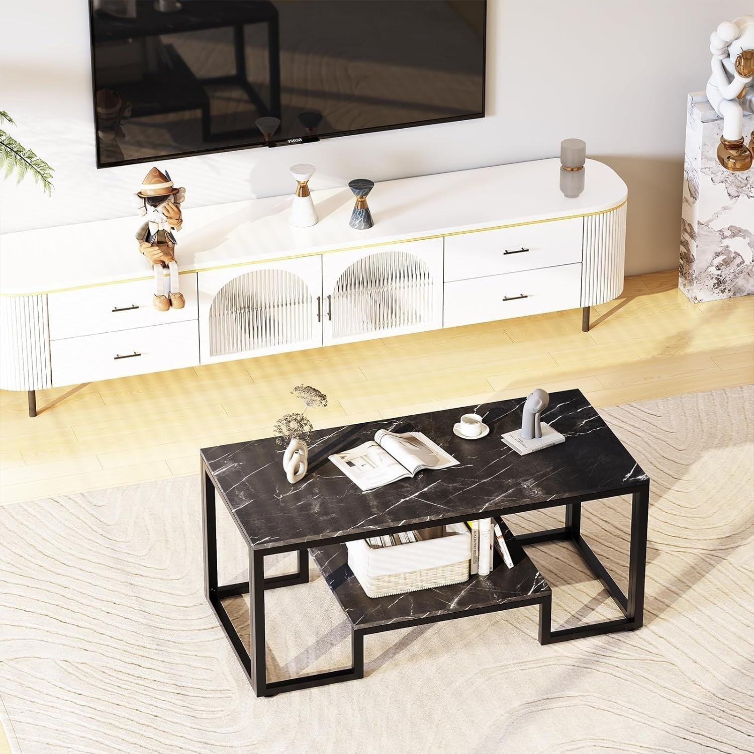 Black Marble Coffee Table with Storage – Modern 2-Tier Metal Frame 100cm