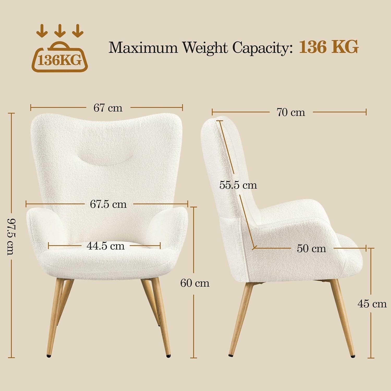 Sherpa Boucle Tub Chair Set of 2 Ivory Accent Armchairs