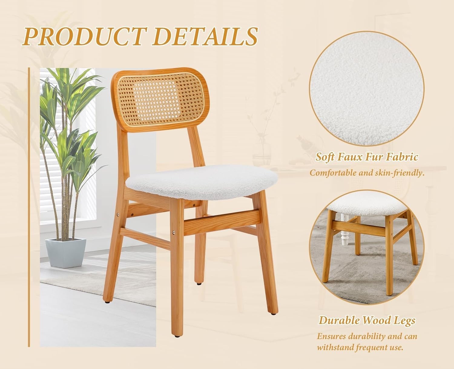 Rattan Dining Chairs Set of 2 Upholstered Retro Kitchen Chairs Solid Wood Legs