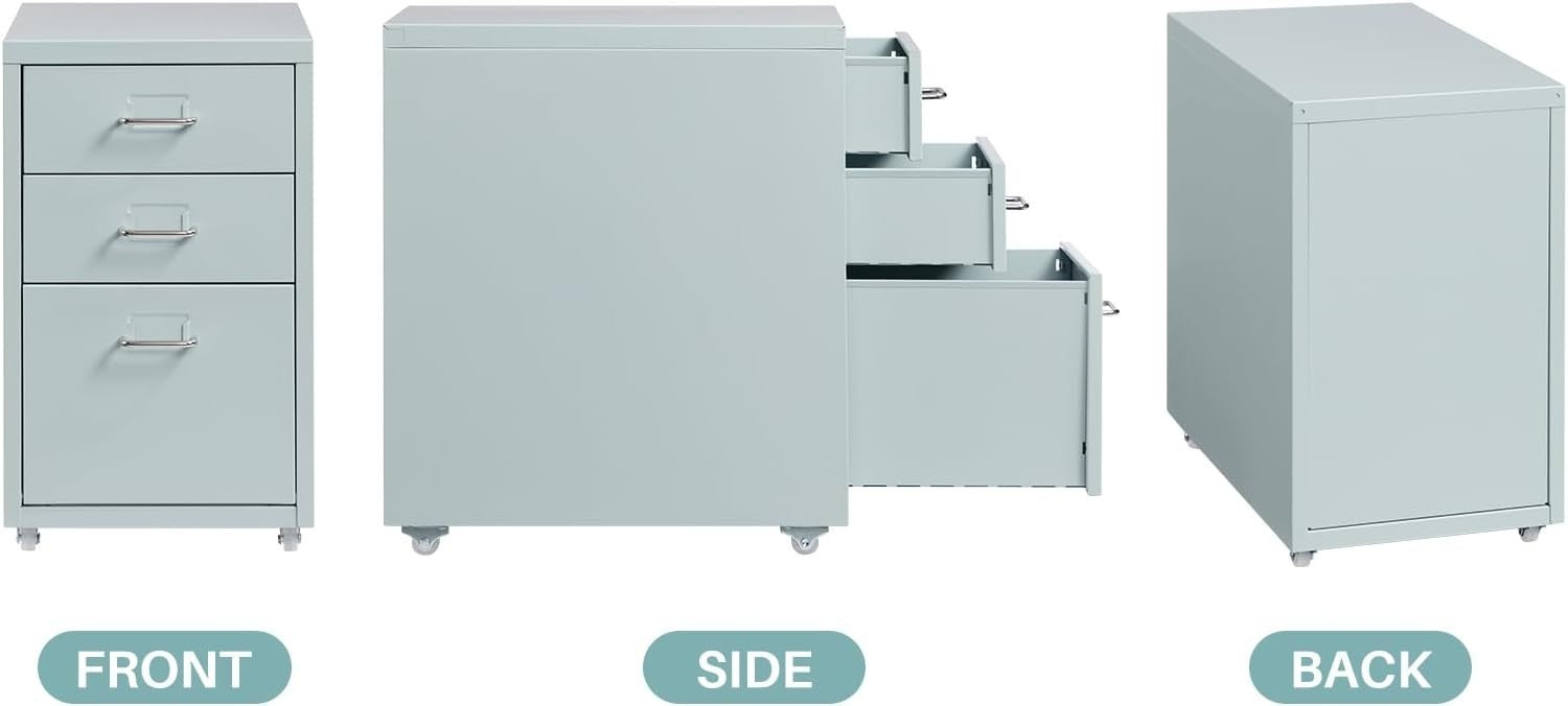 Grey Green Metal Rolling Drawer Unit 3 Tier Under Desk File Storage