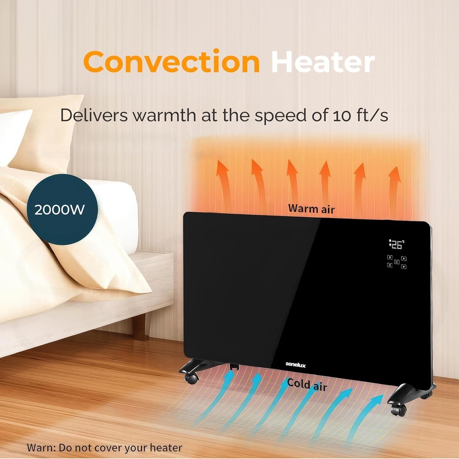 2000W WiFi Smart Electric Glass Panel Heater Black Remote Control