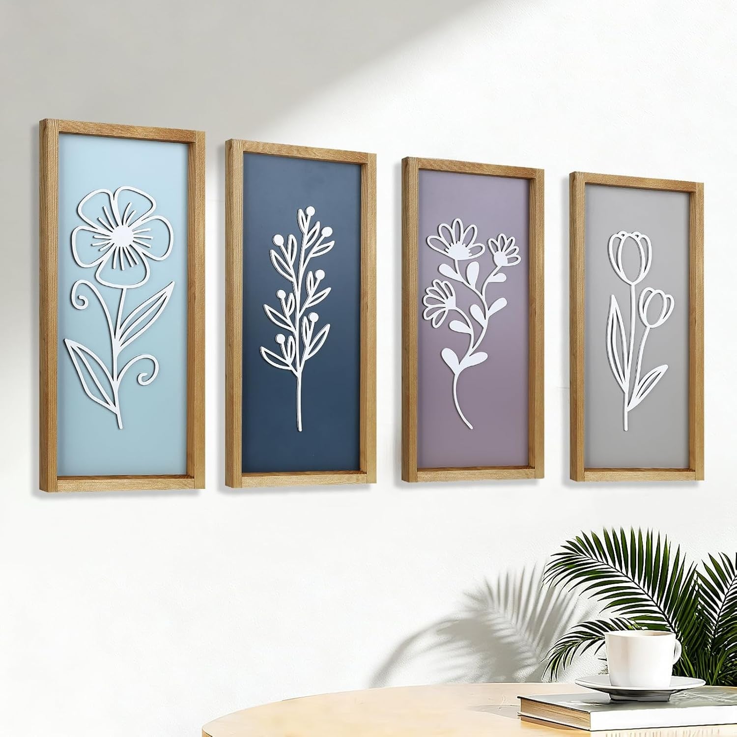 Large 3D Wooden Floral Wall Art Set of 4 Boho Framed Decor for Home