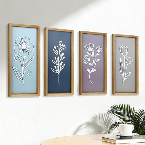 Large 3D Wooden Floral Wall Art Set of 4 Boho Framed Decor for Home