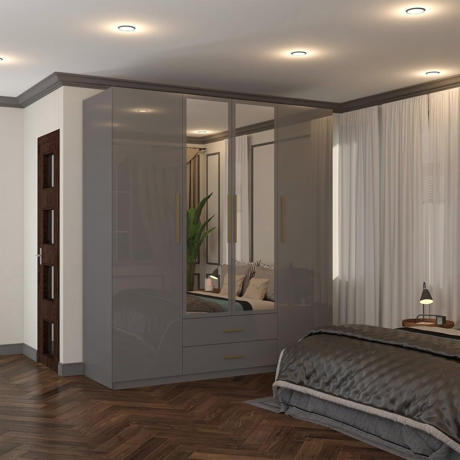 160cm Grey High Gloss Wardrobe with Mirror, Drawers & Hanging Rail Storage