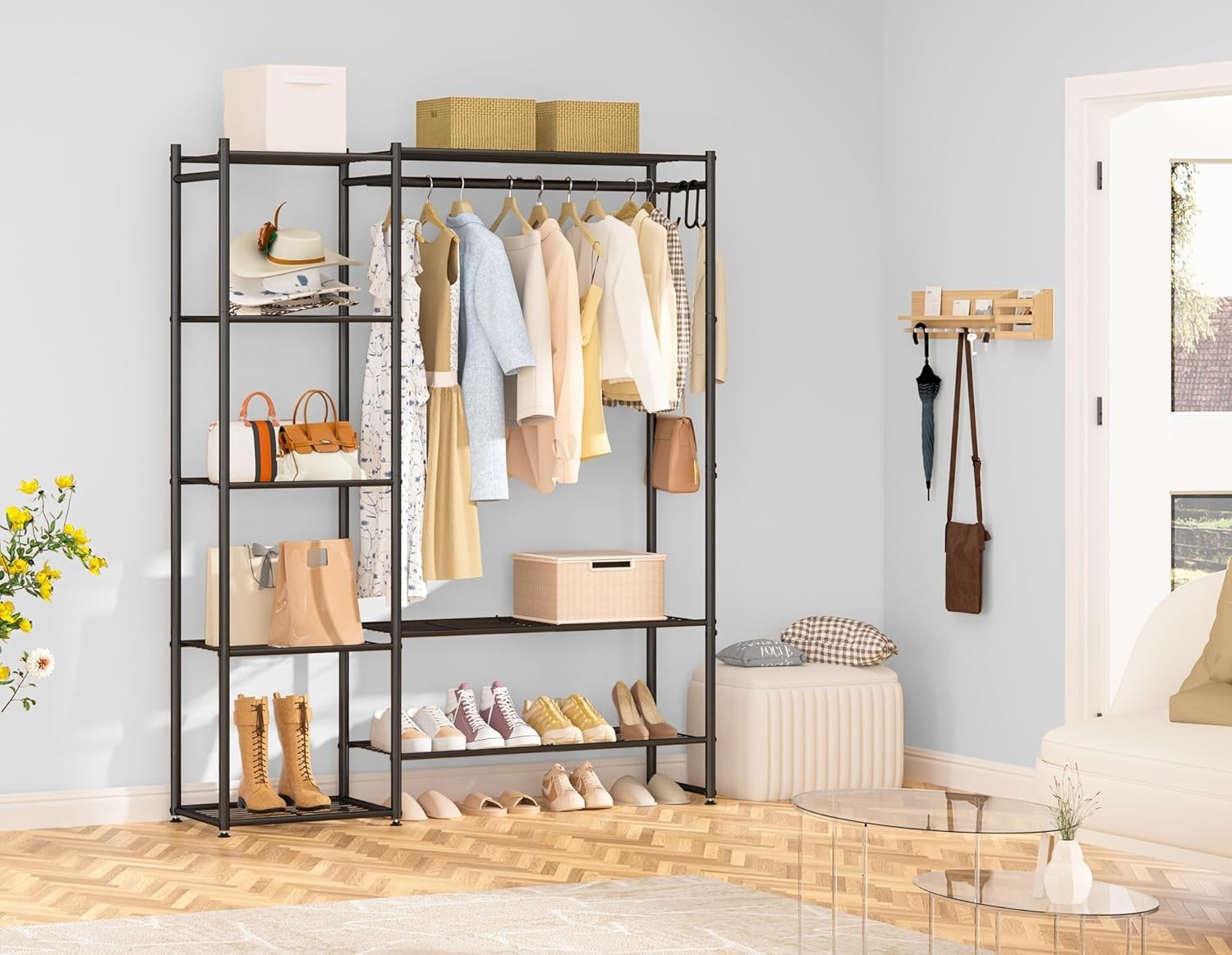 Heavy Duty Clothes Rail with Shelves & Hooks – Black 162cm