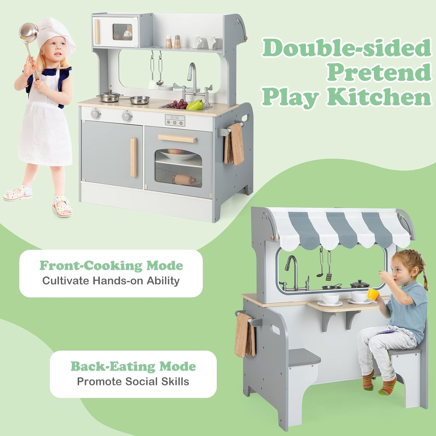 2 in 1 Kids Play Kitchen Diner Wooden Pretend Cooking Toy Grey White