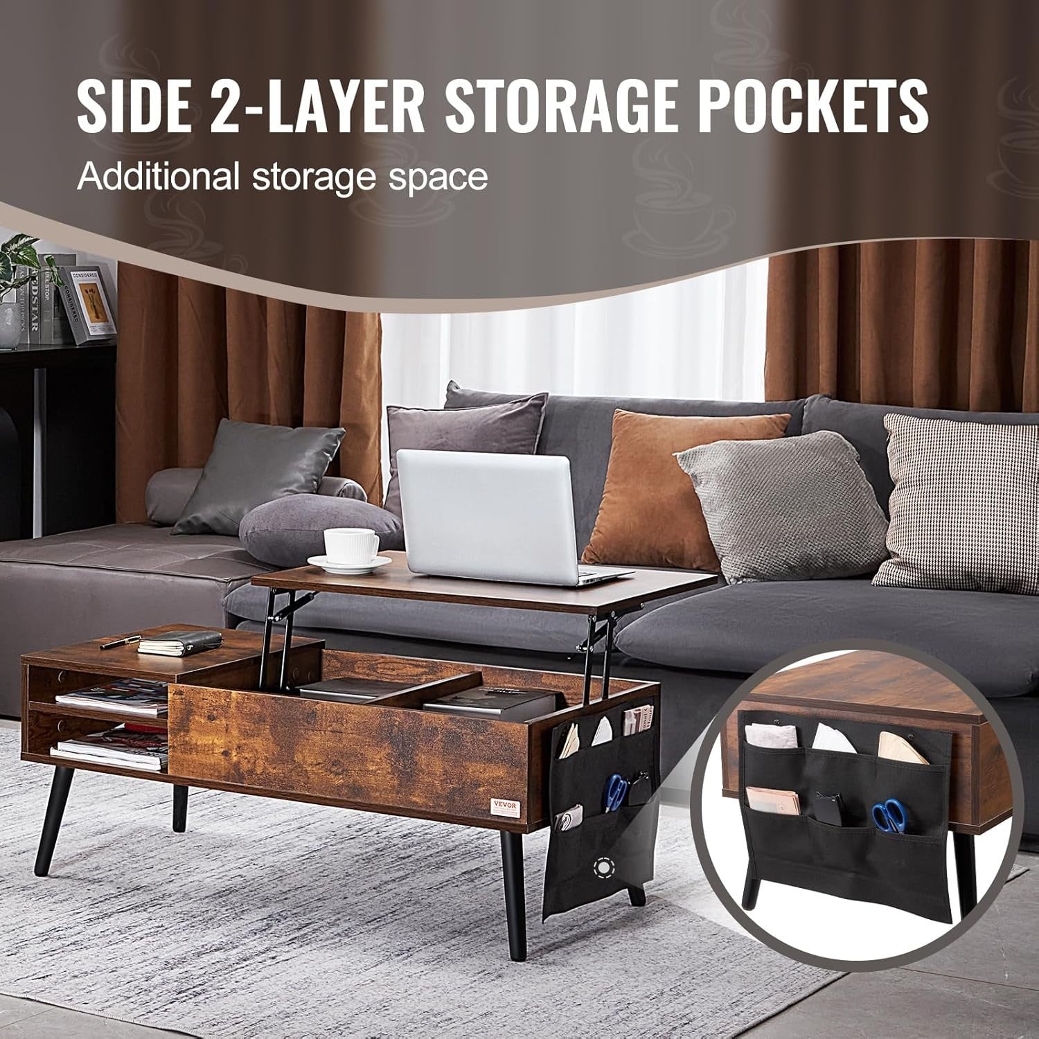 Lift Top Coffee Table with Storage, Pop Up Table 100cm for Small Spaces