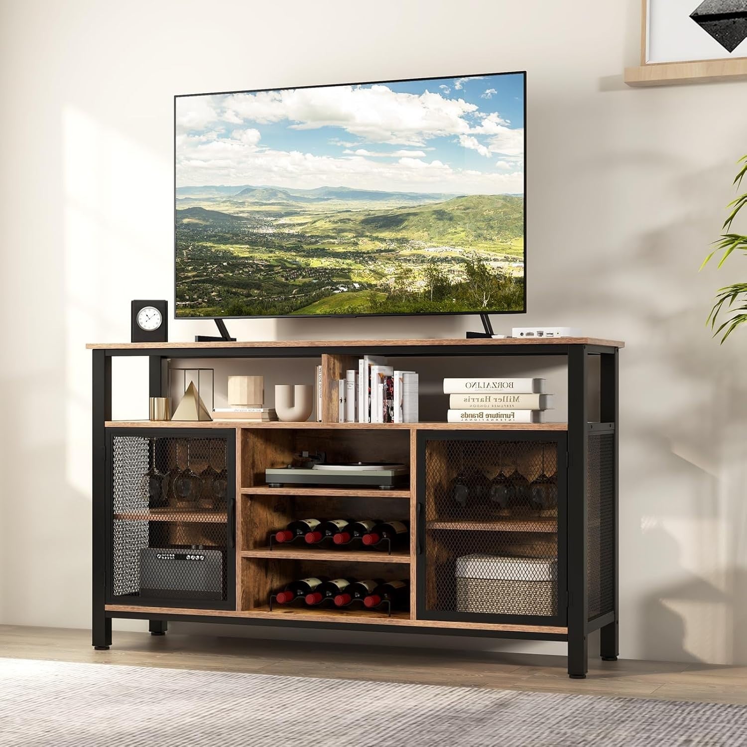 Rustic Sideboard Storage Cabinet with Wine Racks Glass Holder Mesh Doors