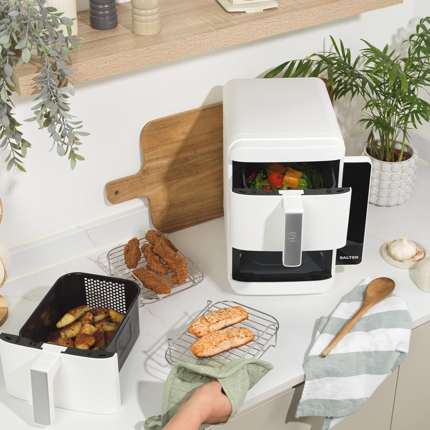 Vertical Dual Drawer Air Fryer 9L 9 Presets, 4-Level Cooking Sync/Match, 2400W