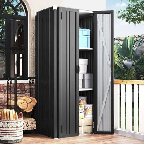 Metal Garden Storage Cabinet with 3 Adjustable Shelves Weatherproof Dark Grey