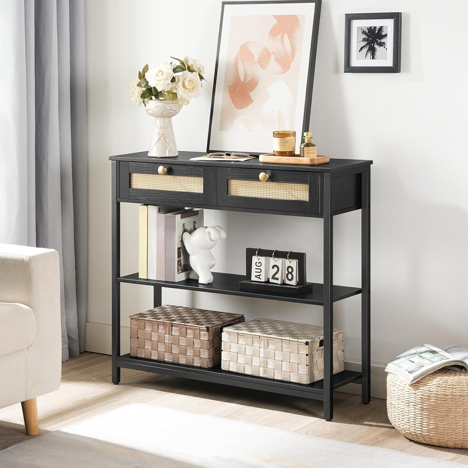 Black Rattan Console Table with Drawers & Shelves, Narrow Hallway Storage
