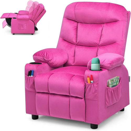 Pink  Adjustable Kids Recliner Chair with Footrest, Cup Holders & Side Pockets