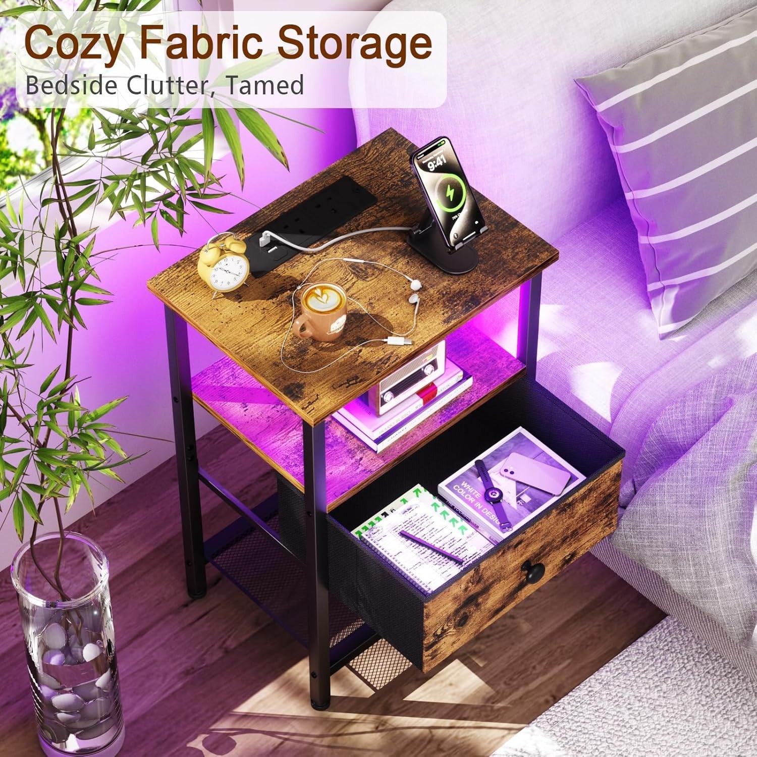 Brown LED Bedside Table with Charging Station Drawer & Storage Shelf