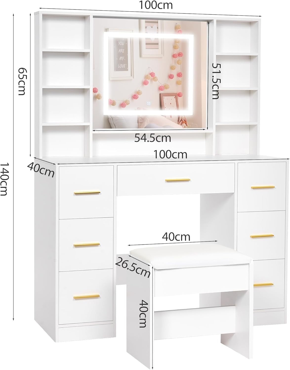 Modern White Vanity Table Set LED Mirror 6 Drawers Desk USB Charging Station