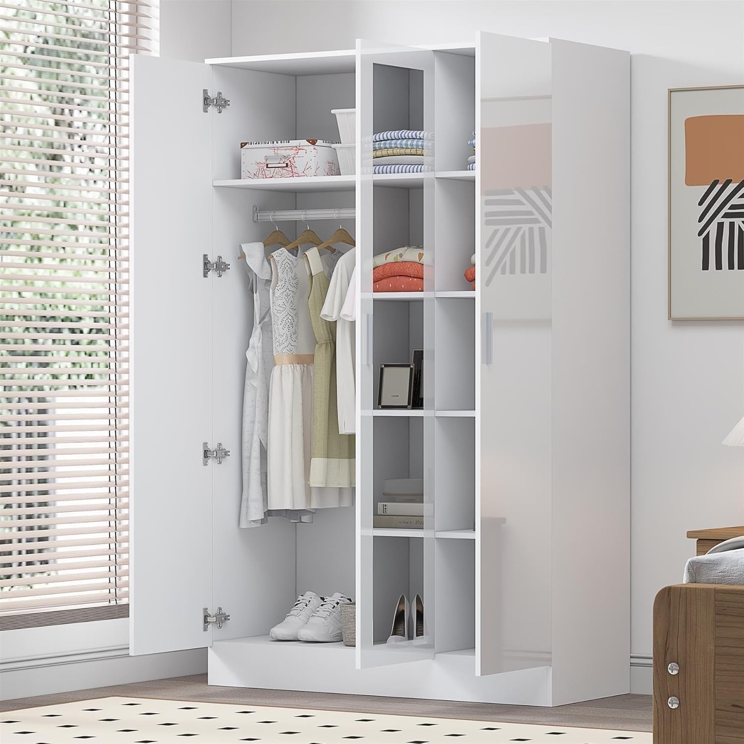 3 Door Mirrored Wardrobe White Gloss with Hanging Rail & 4 Shelves Storage
