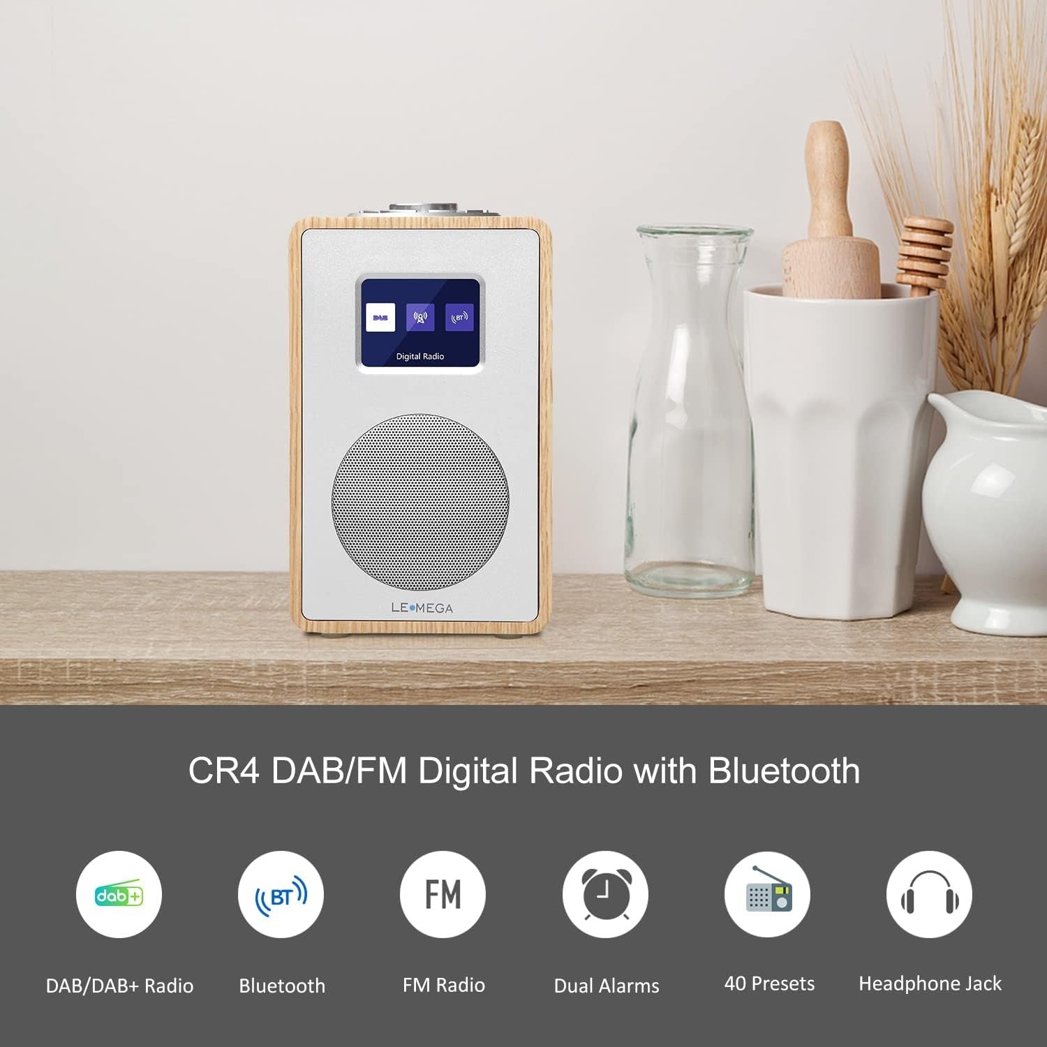 DAB DAB+ FM Radio Bluetooth Dual Alarm Wooden Effect Colour Display