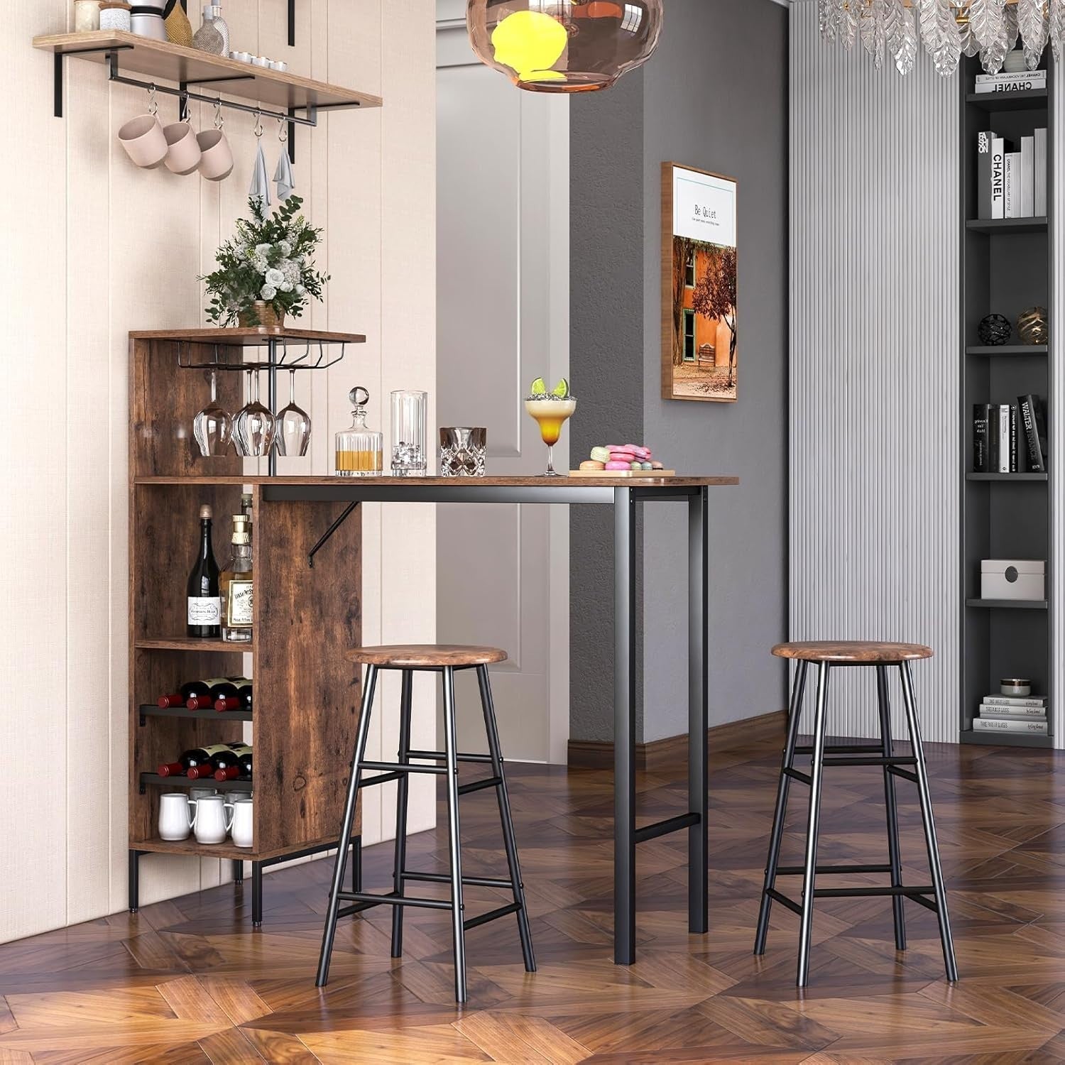 Rustic Brown Bar Table Set with Stools, Storage Shelves, Wine Rack & Foot Pads