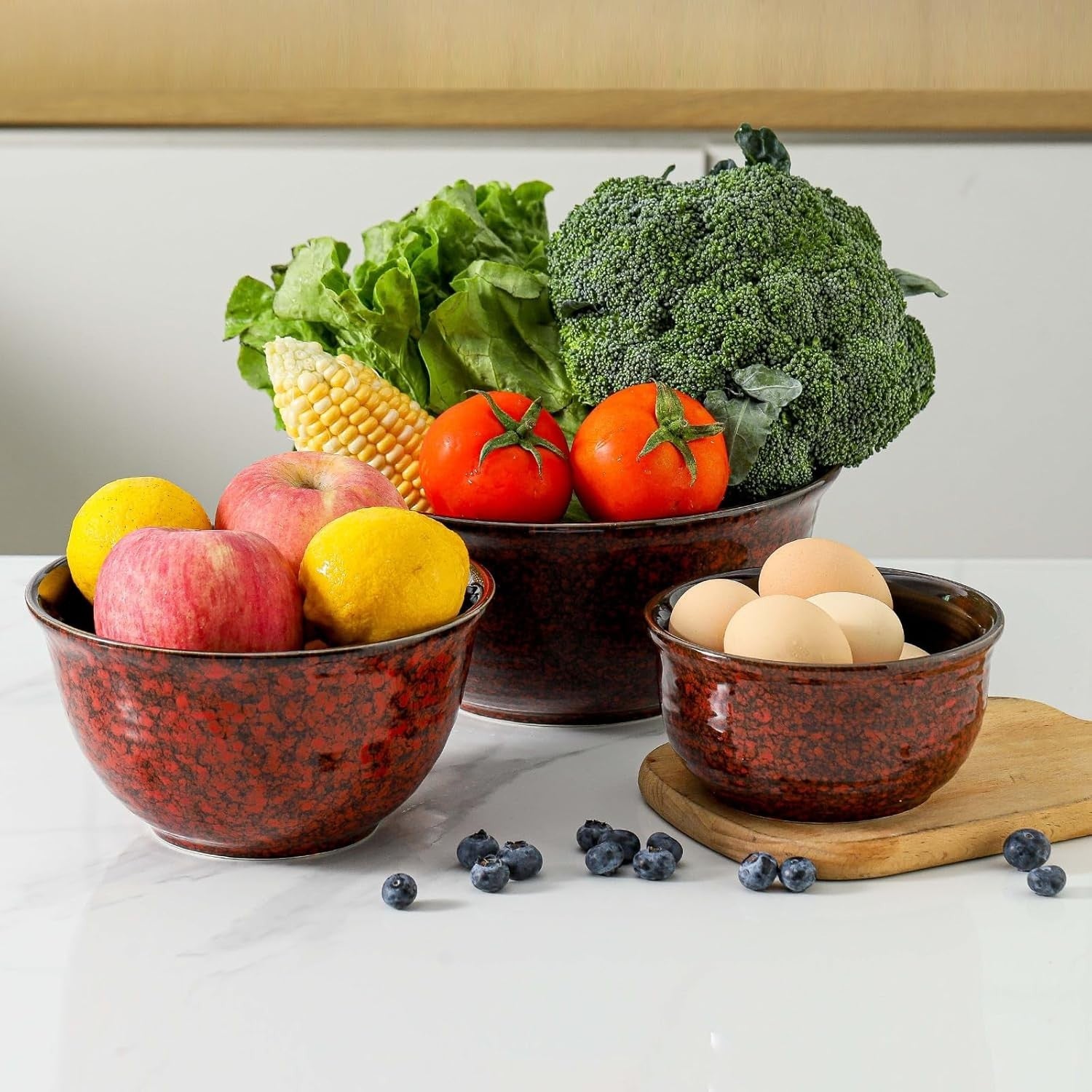 3 Pcs Red Ceramic Mixing Bowls Microwave Oven Safe Nesting Set