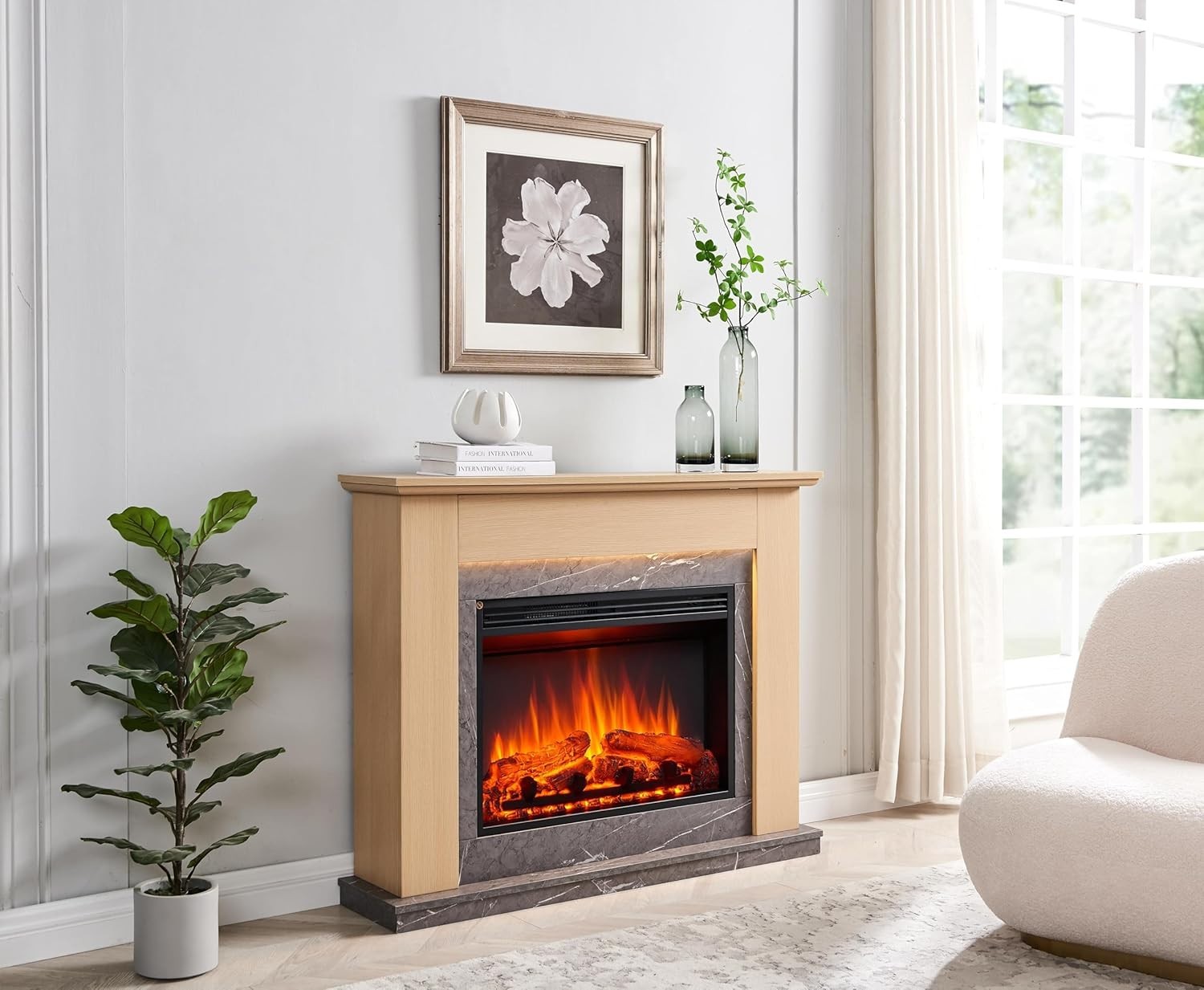 Electric Fireplace Suite 44" Oak LED Flame Heater Freestanding Mantel