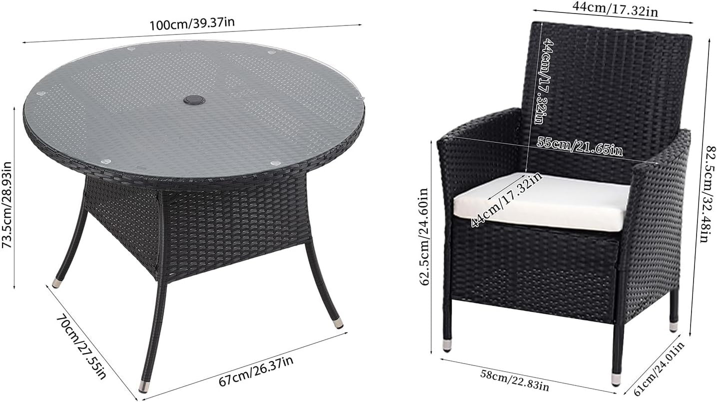 5pc Rattan Garden Dining Set with Cushions & 100cm Round Table Black