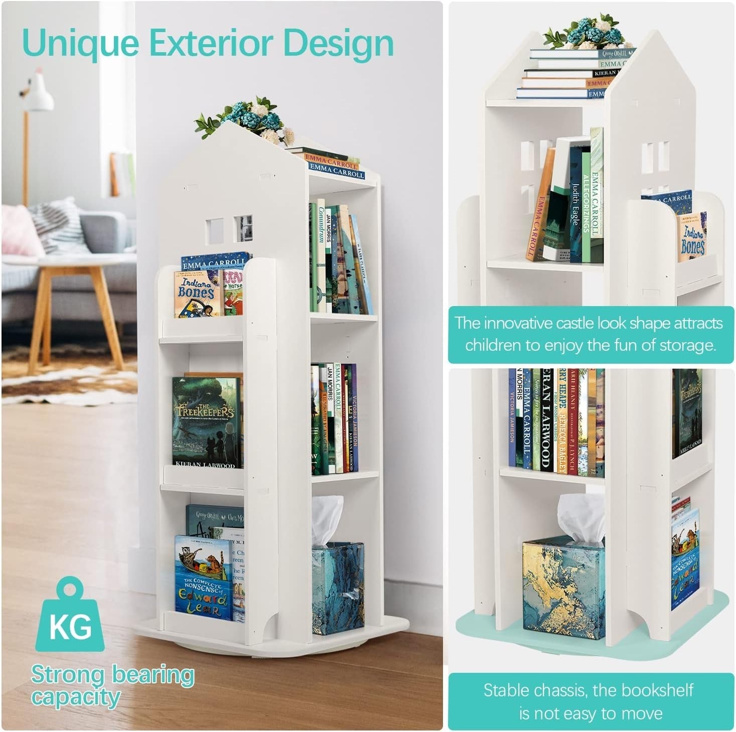 360° Rotating 3-Tier Kids Bookshelf Swivel Storage Rack for Bedroom Office
