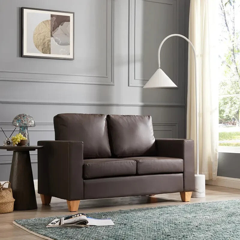 Brown Faux Leather 2 Seater Sofa Compact Couch Padded Cushions Wood Legs