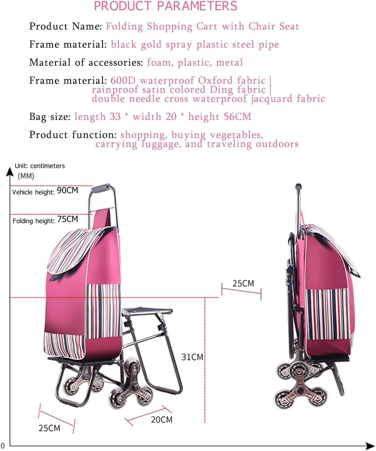 Foldable Stair Climber Shopping Trolley w/ Seat 6-Wheel Waterproof Portable Cart