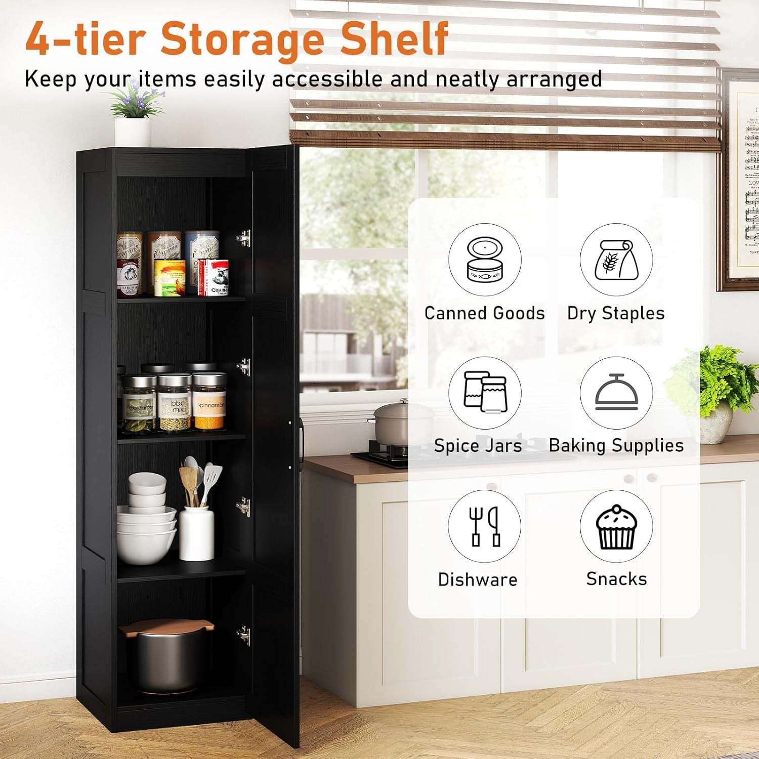 Tall Black Kitchen Cupboard 4 Tier Wooden Pantry Storage Cabinet Organizer