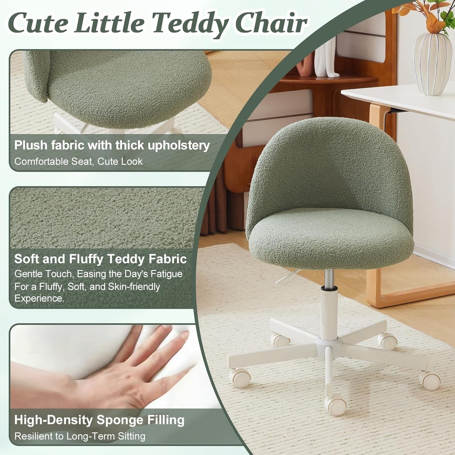 Light Green Velvet Vanity Chair with Back – Small Swivel Office Makeup Seat