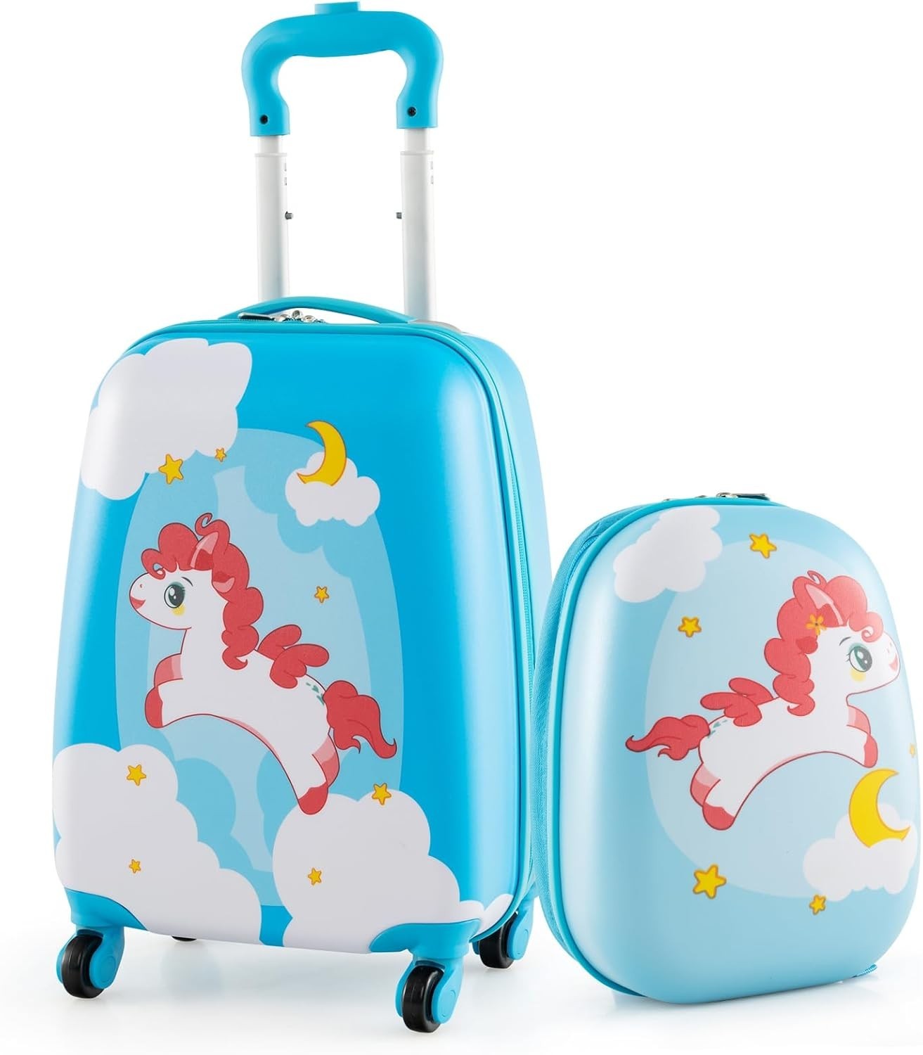 Orange Unicorn Kids Trolley Suitcase 16” Carry On + Backpack Set