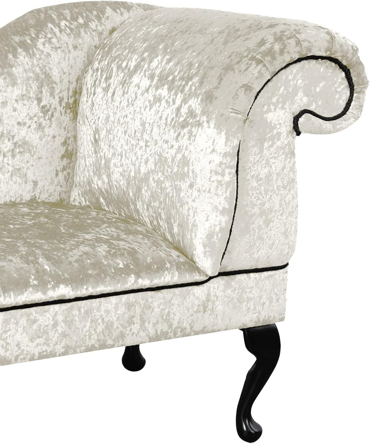 Luxury Left Hand Velvet Chaise Lounge Chair Pearl with Queen Anne Legs.