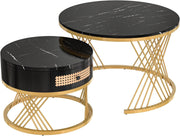 Round Gold Black Faux Marble Nesting Coffee Tables Set Storage Wood Metal 70cm