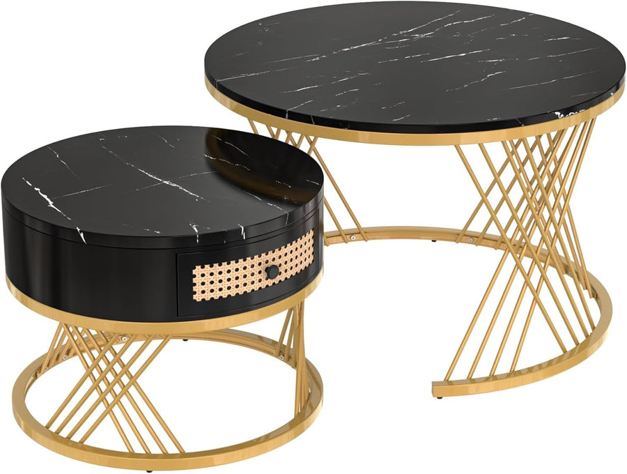 Round Gold Black Faux Marble Nesting Coffee Tables Set Storage Wood Metal 70cm