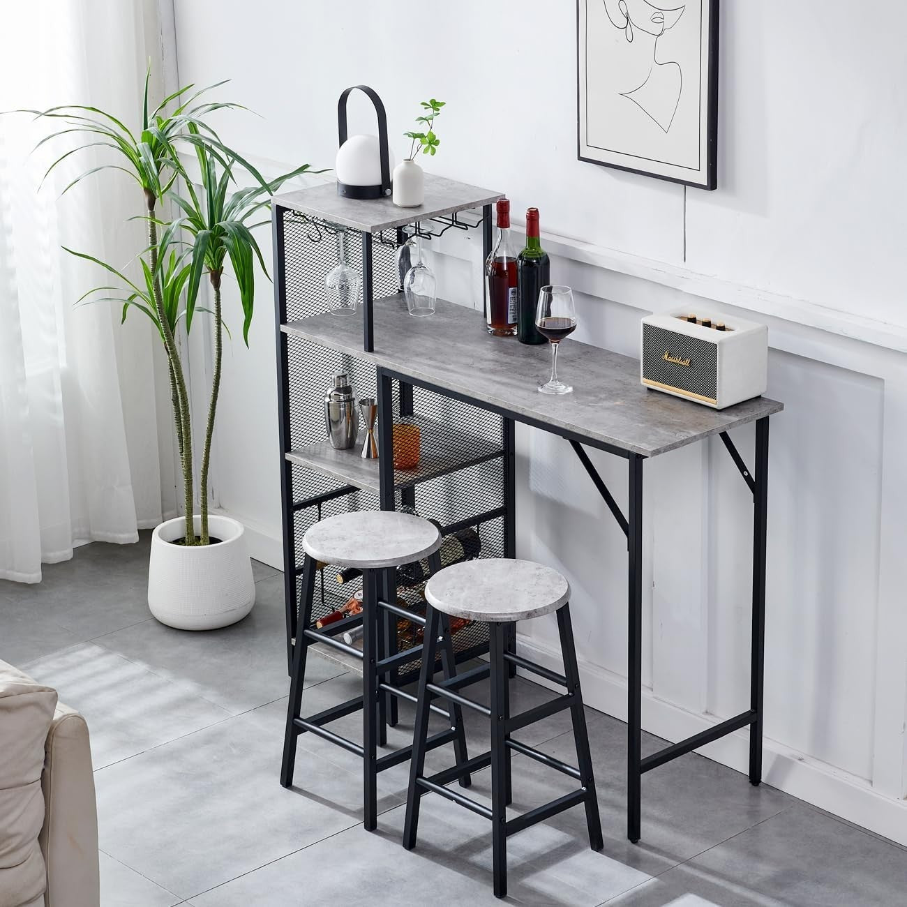 3 Piece Bar Table Set Wine Rack Shelves & 2 Stools Grey Marble Dining Furniture