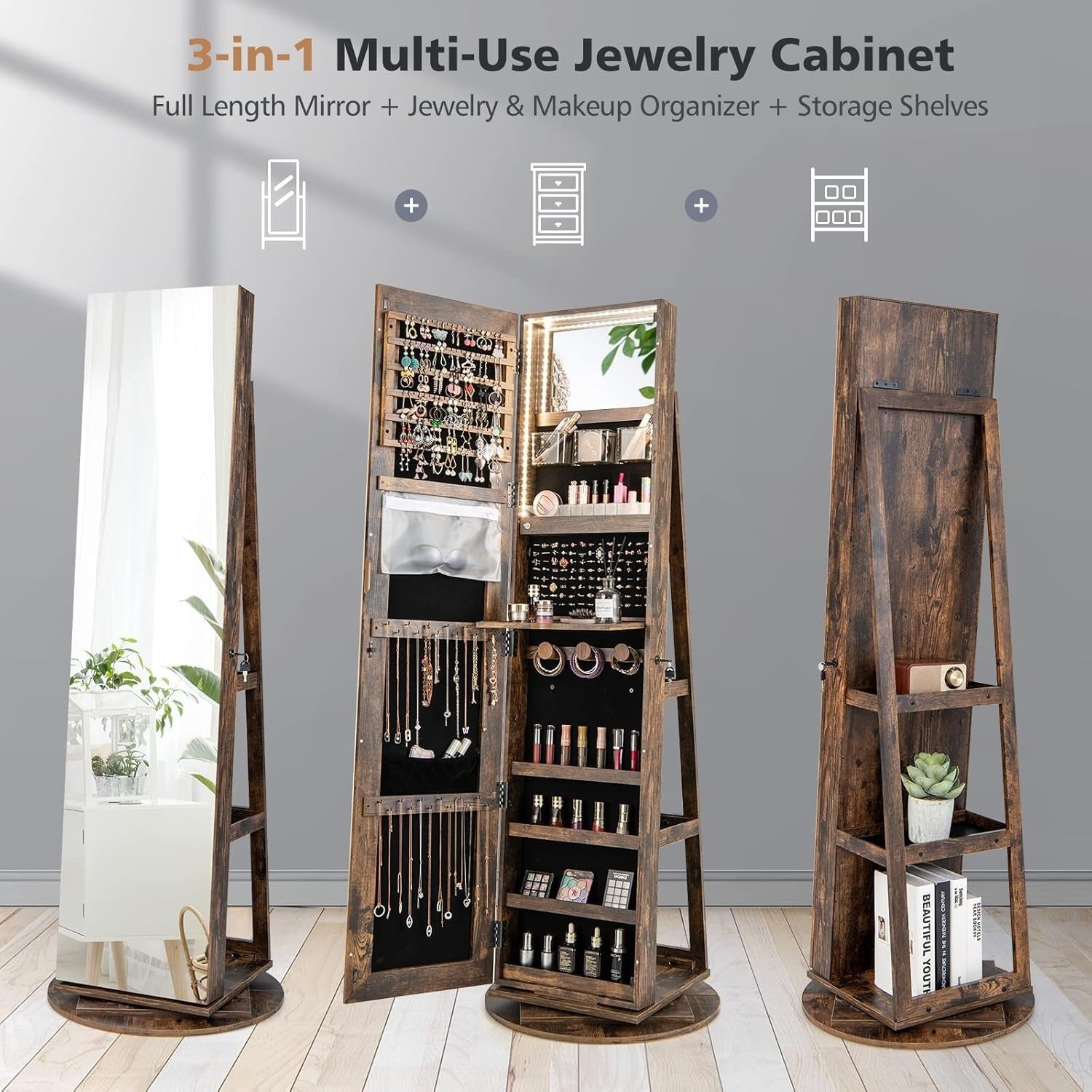 360° Rotating Jewelry Cabinet LED Mirror Lockable Storage Organizer