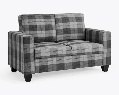 Grey Tartan 2 Seater Fabric Sofa Compact Stylish Wooden Frame UK Cert