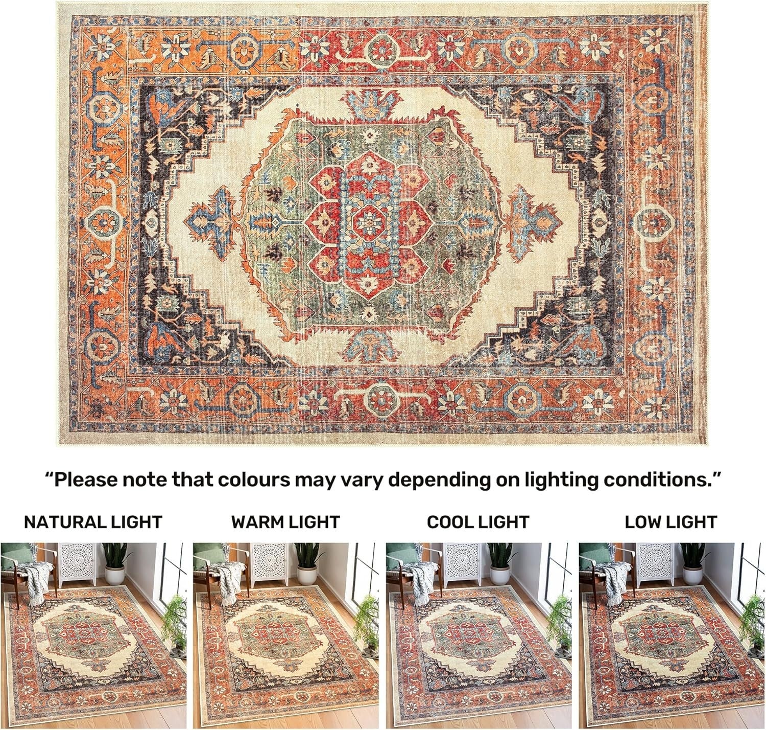 Washable Rug 200x290cm Non-Slip Vintage Medallion Soft Area Carpet Olive Pumpkin