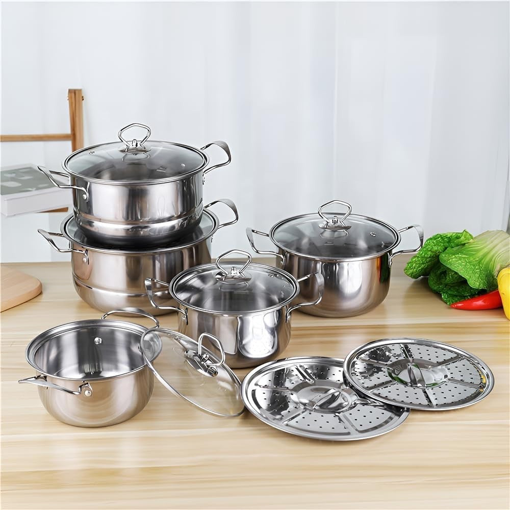 5Pcs Stainless Steel Cookware Set with Glass Lids  Non-Stick Pots Induction Safe