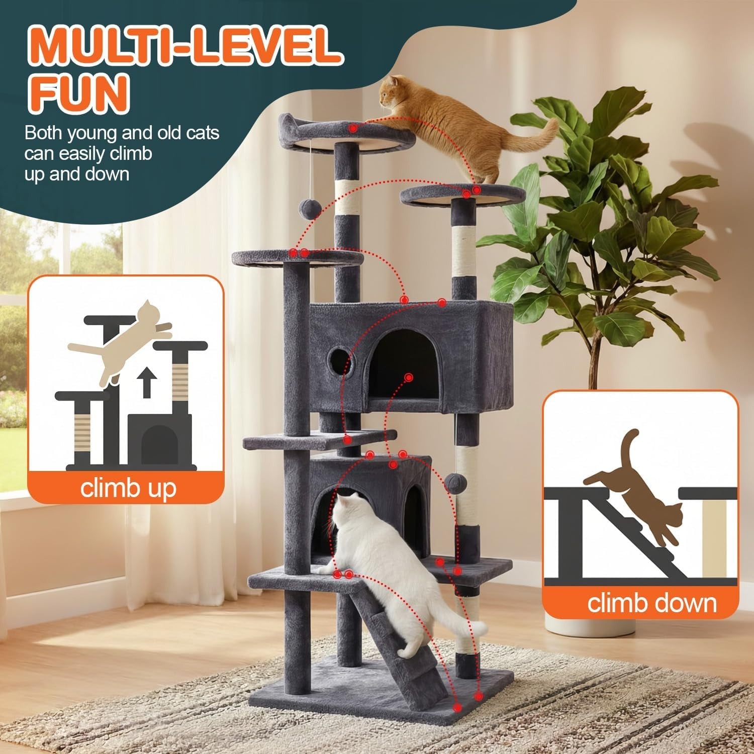 Ashy Grey Cat Tree Tower 139cm Multi Level Condo with Scratching Posts