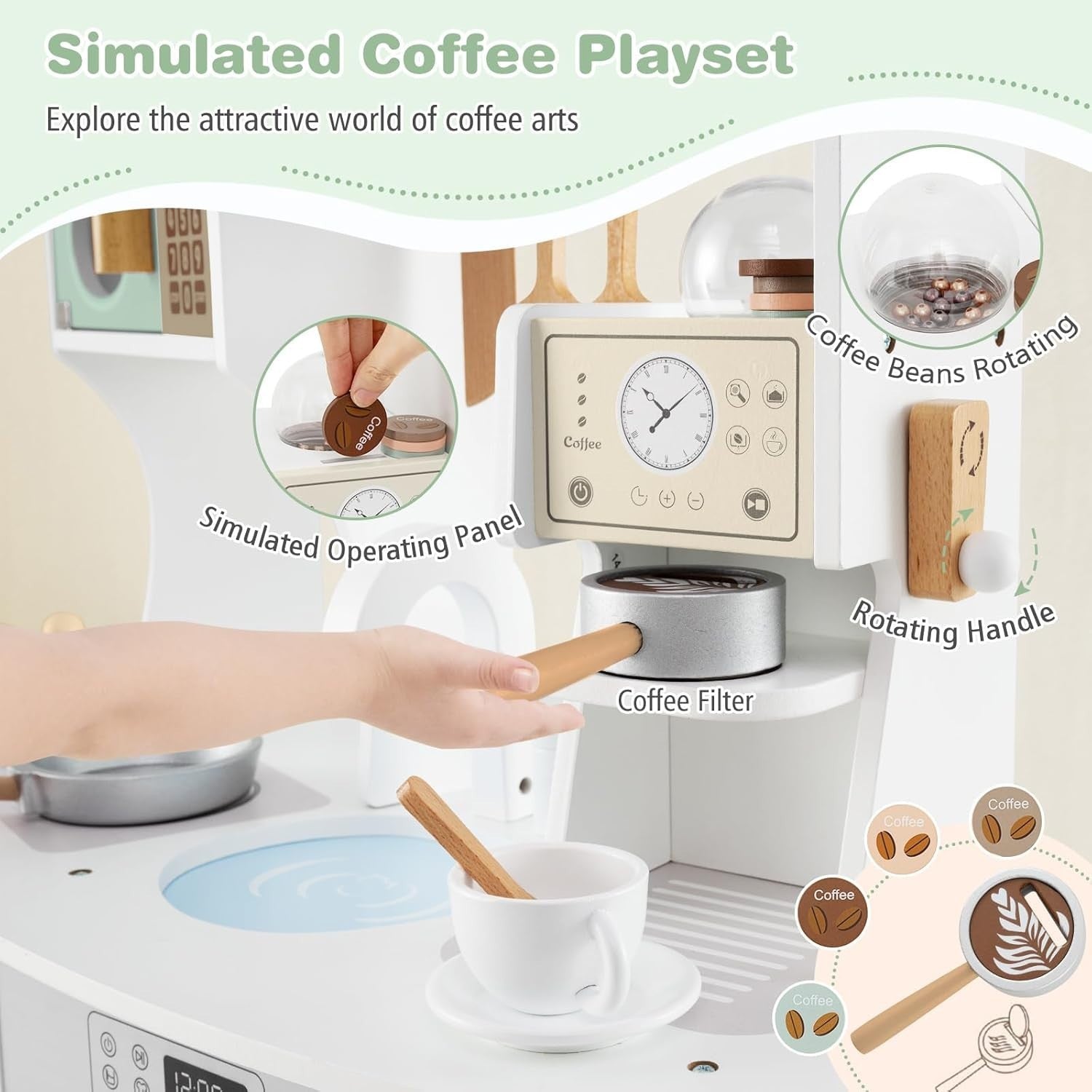 Kids Wooden Play Kitchen w/ Coffee Maker Microwave Green Toy