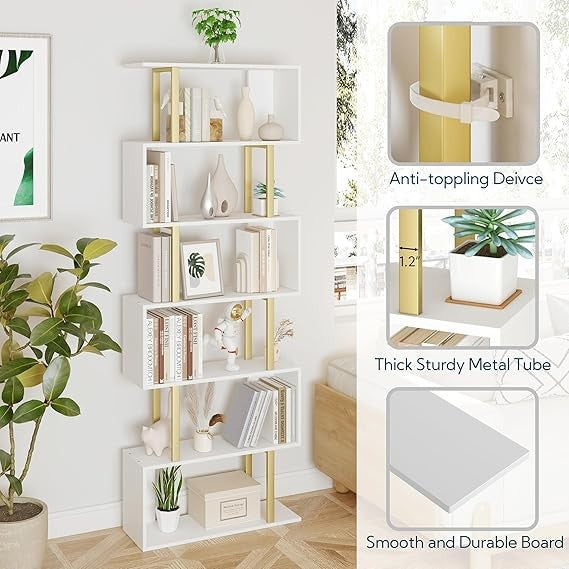 Modern 6-Tier S-Shaped Bookshelf Gold & White Tall Display Storage Unit